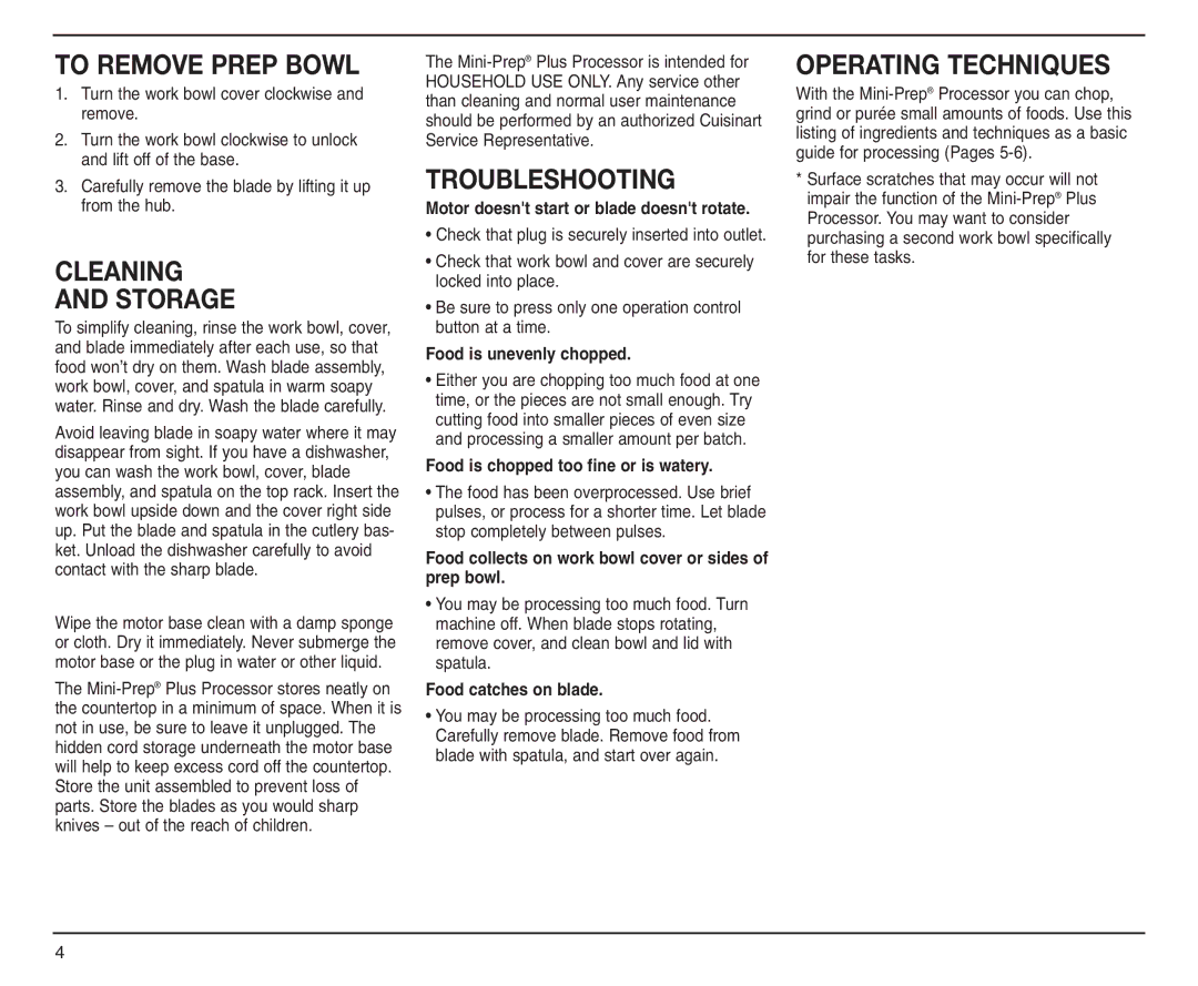 Cuisinart DLC-2A manual To Remove Prep Bowl, Cleaning Storage, Troubleshooting, Operating Techniques 