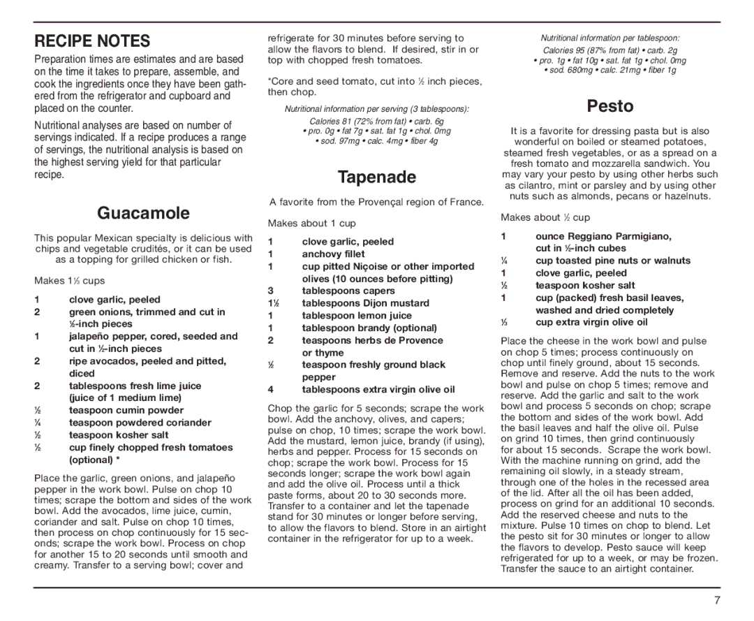 Cuisinart DLC-2A manual Recipe Notes, Guacamole, Tapenade, Pesto 