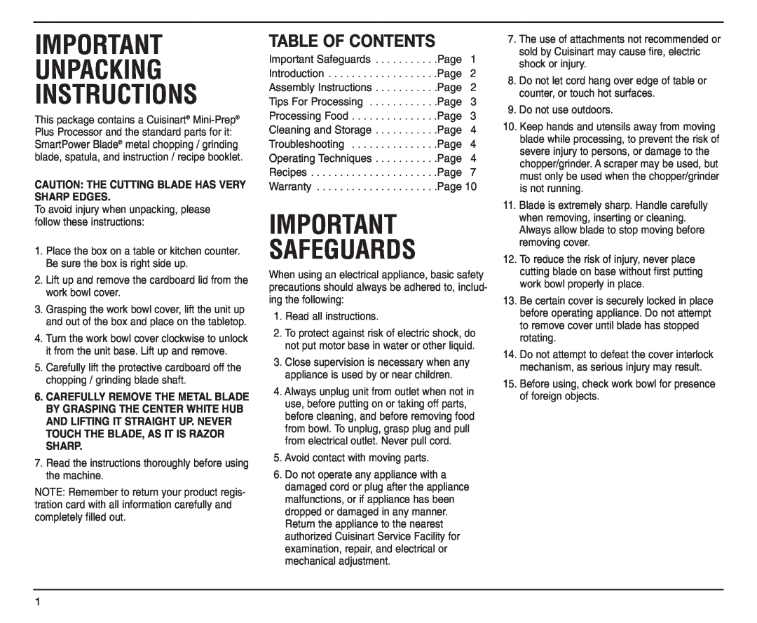 Cuisinart DLC-2A manual Important Unpacking Instructions, Table Of Contents, Safeguards, Troubleshooting, Page 