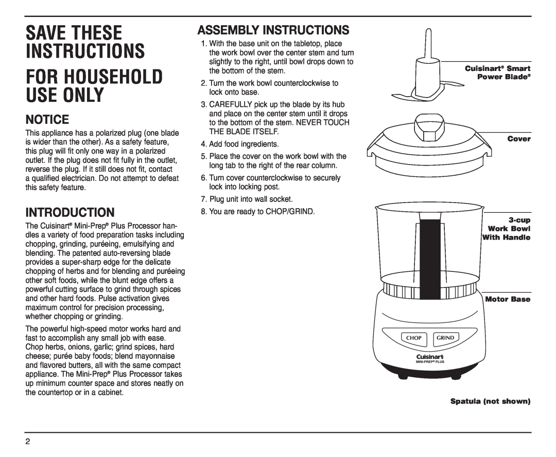 Cuisinart DLC-2A manual Save These Instructions, Introduction, Assembly Instructions, For Household Use Only 