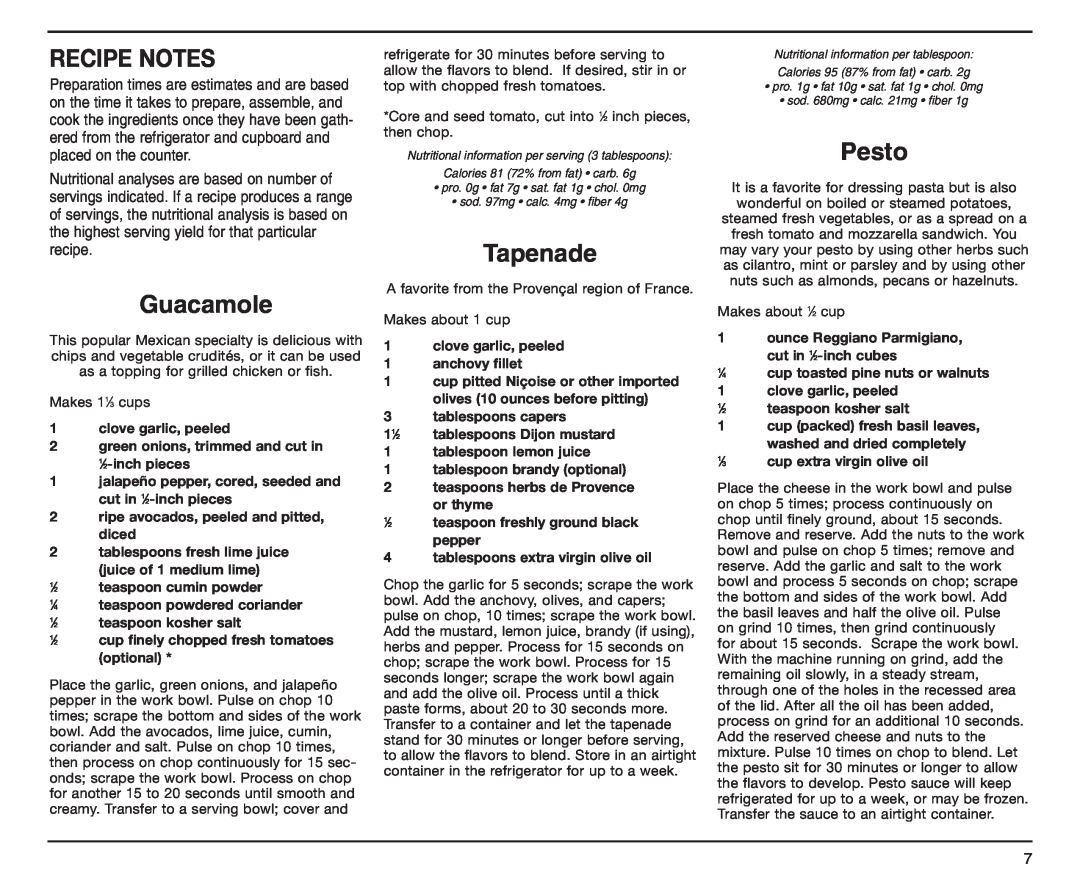 Cuisinart DLC-2A manual Recipe Notes, Guacamole, Tapenade, Pesto 