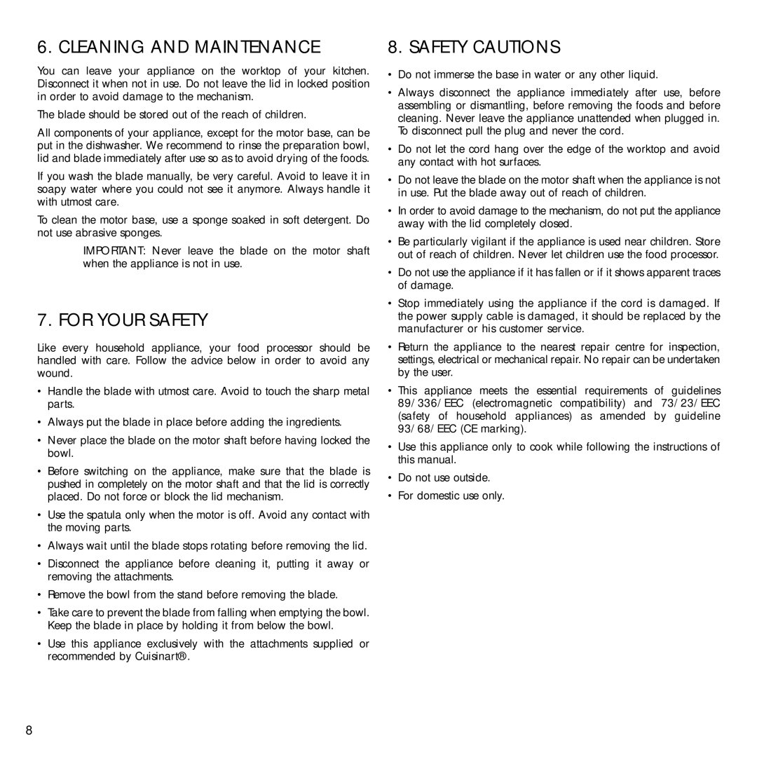 Cuisinart DLC-2E, DLC-2BKE manual Cleaning and Maintenance, For Your Safety, Safety Cautions 