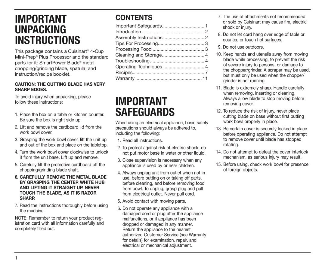 Cuisinart DLC-4CHB manual Unpacking Instructions, Contents 