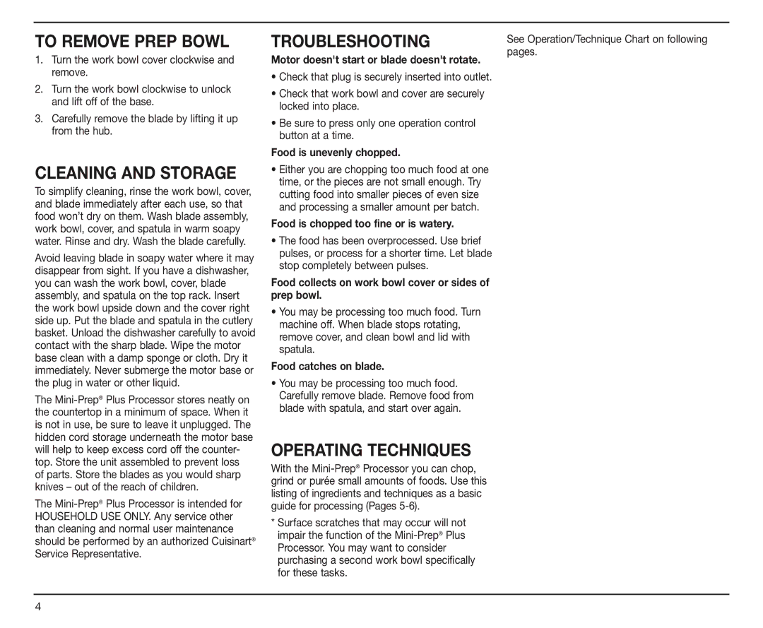 Cuisinart DLC-4CHB manual To Remove Prep Bowl, Cleaning and Storage, Troubleshooting, Operating Techniques 