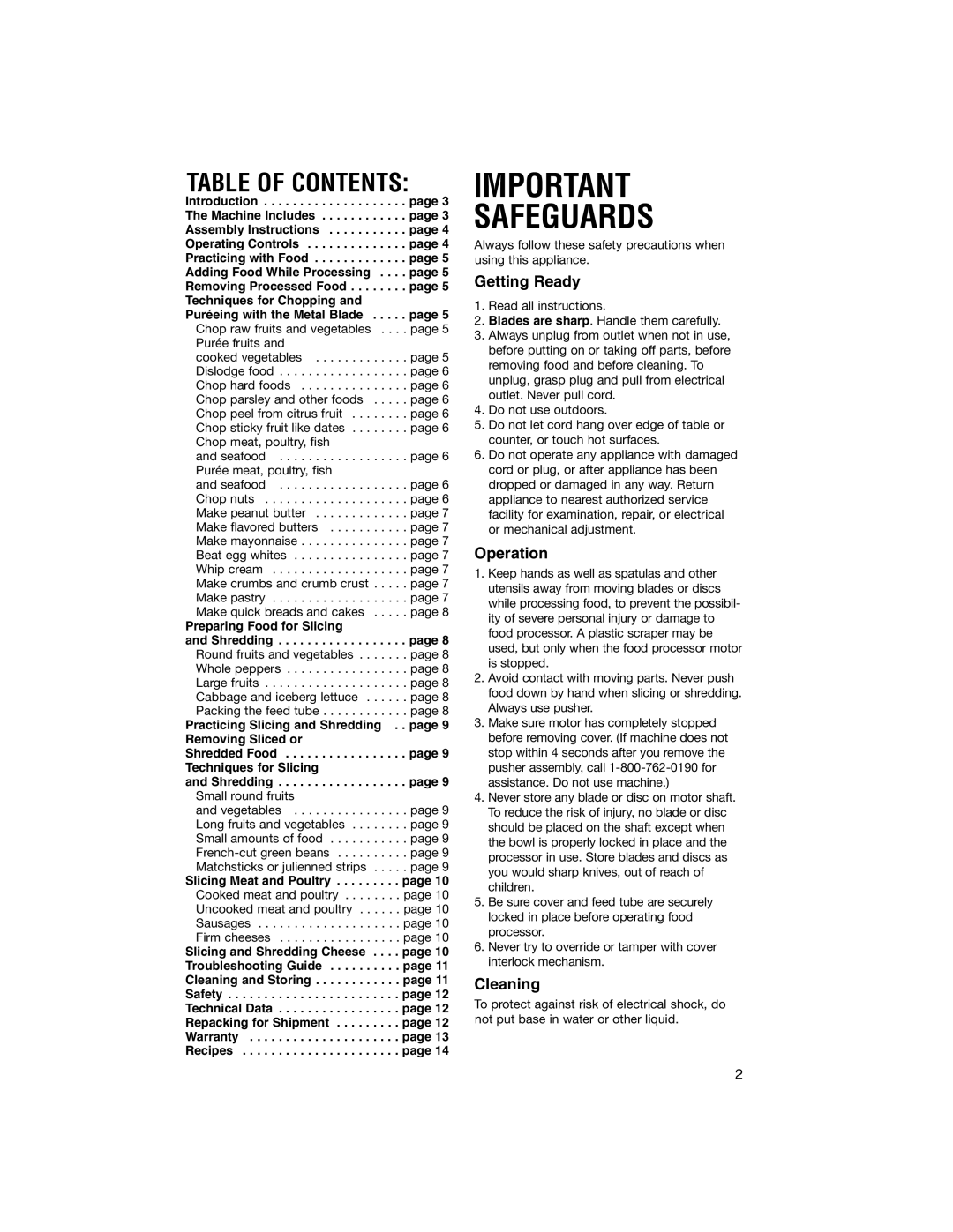 Cuisinart DLC-5 manual Safeguards, Table of Contents 