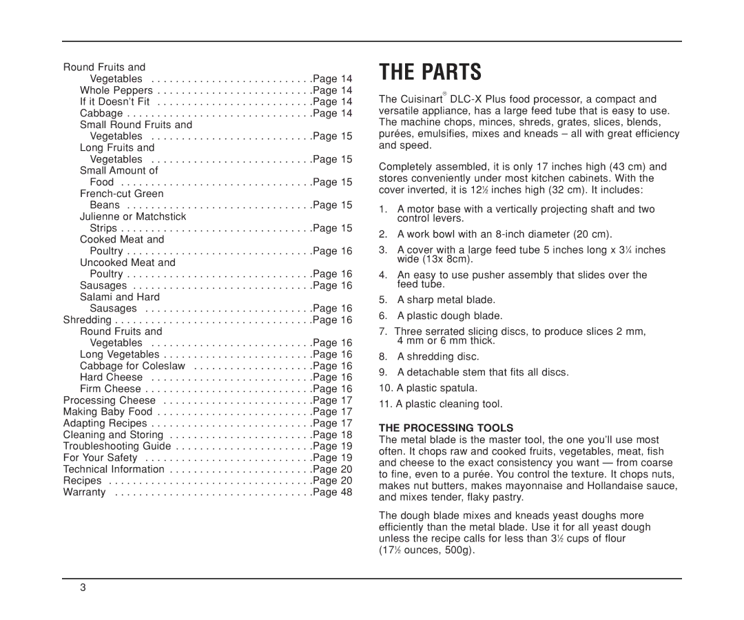 Cuisinart DLC-XP manual Parts, Processing Tools 