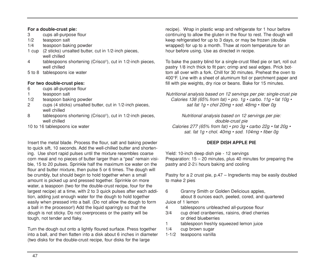 Cuisinart DLC-XP manual For a double-crust pie, For two double-crust pies, Deep Dish Apple PIE 