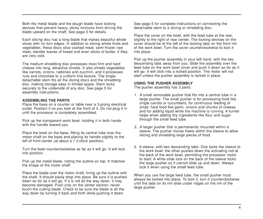 Cuisinart DLC-XP manual Assembling the Parts, Using the Pusher Assembly 