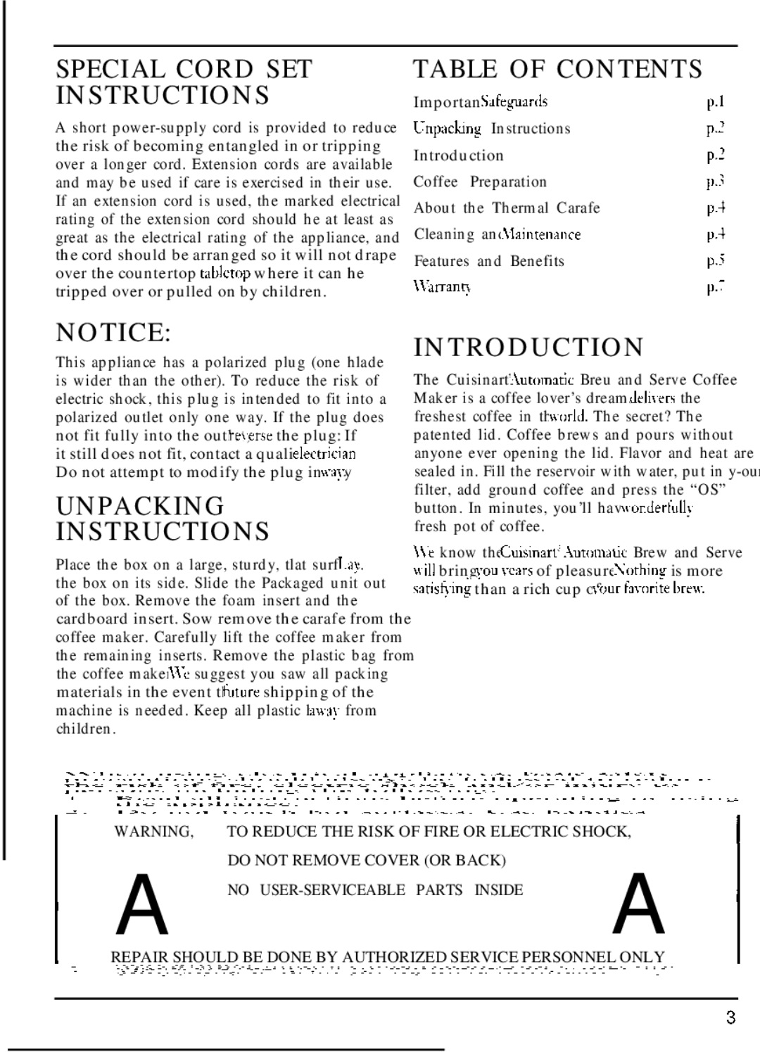 Cuisinart DTC-800 Series manual Special Cord SET Instructions, Table of Contents, Unpacking Instructions, Introduction 