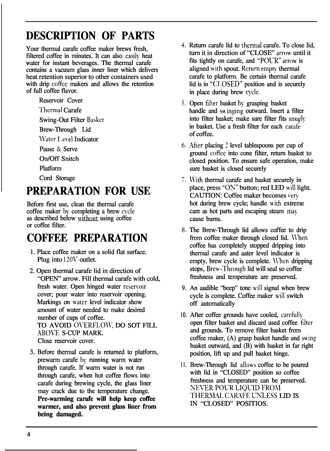 Cuisinart DTC-800 Series manual Description Of Parts, Preparation For Use, Coffee Preparation 