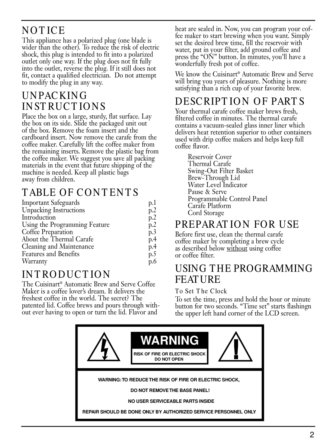 Cuisinart DTC-850 Series manual Unpacking Instructions, Table of Contents, Introduction, Description of Parts 