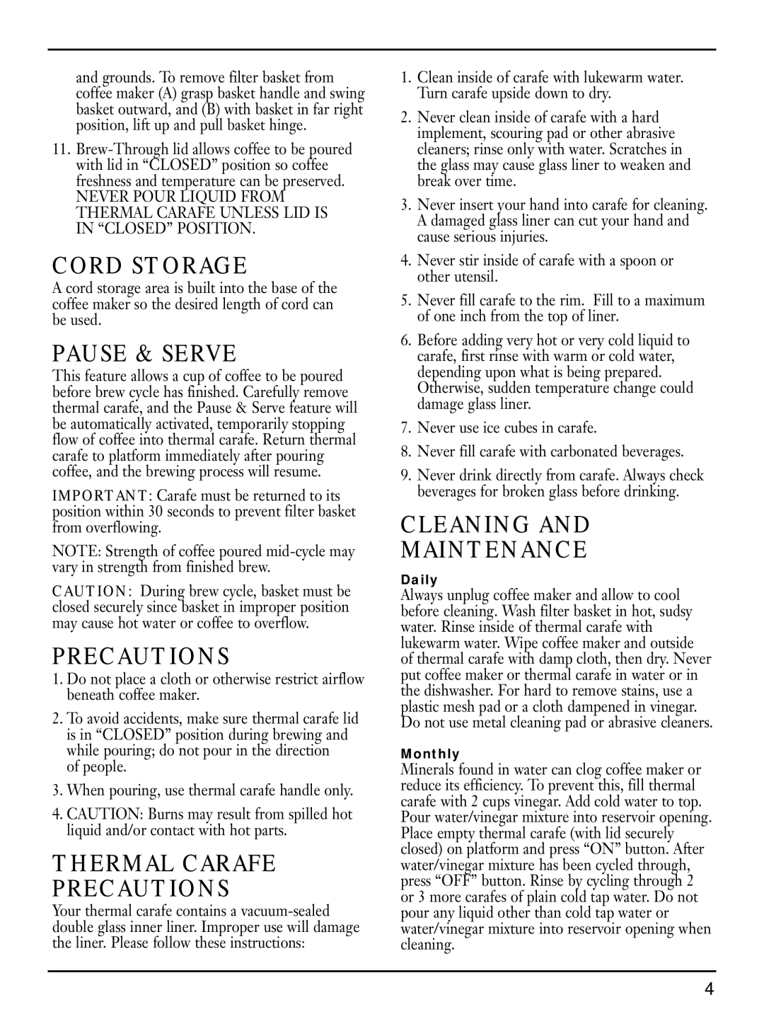 Cuisinart DTC-850 Series manual Cord Storage, Pause & Serve, Thermal Carafe Precautions, Cleaning Maintenance 