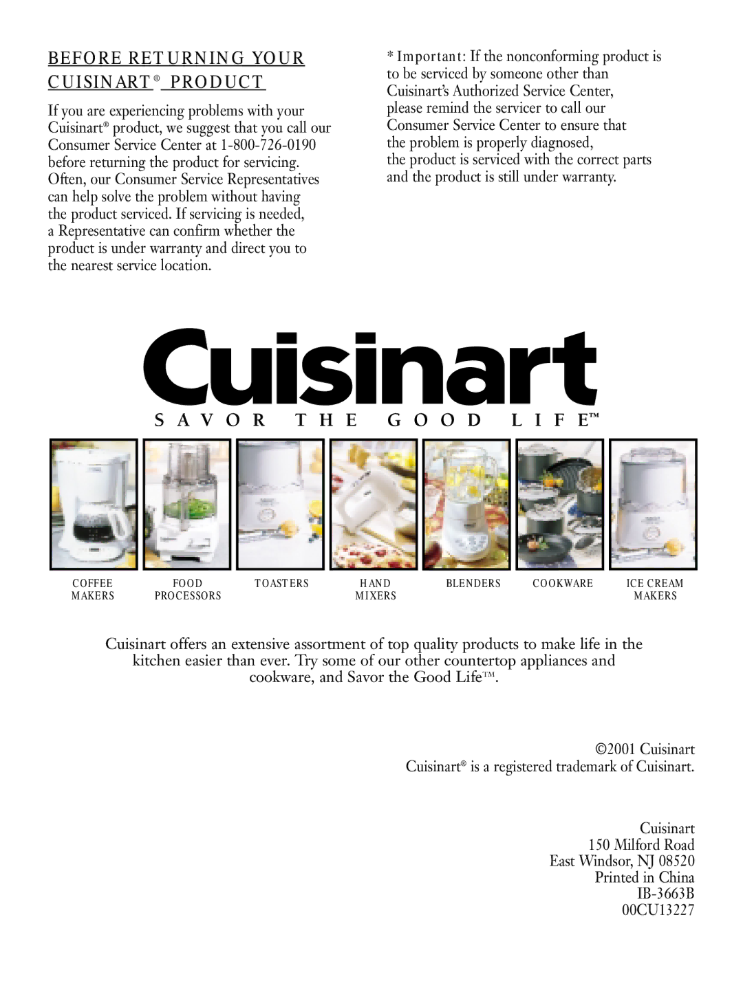 Cuisinart DTC-850 Series manual Before Returning Your Cuisinart Product 