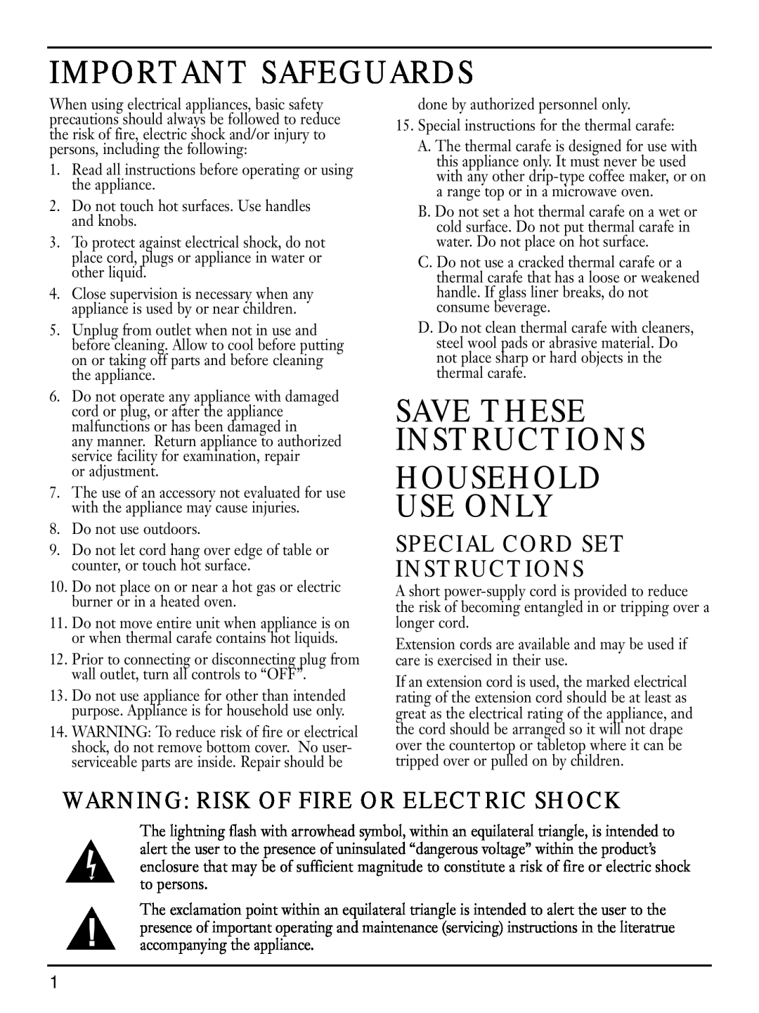 Cuisinart DTC-850 Series manual Special Cord Set Instructions, Warning Risk Of Fire Or Electric Shock, Important Safeguards 