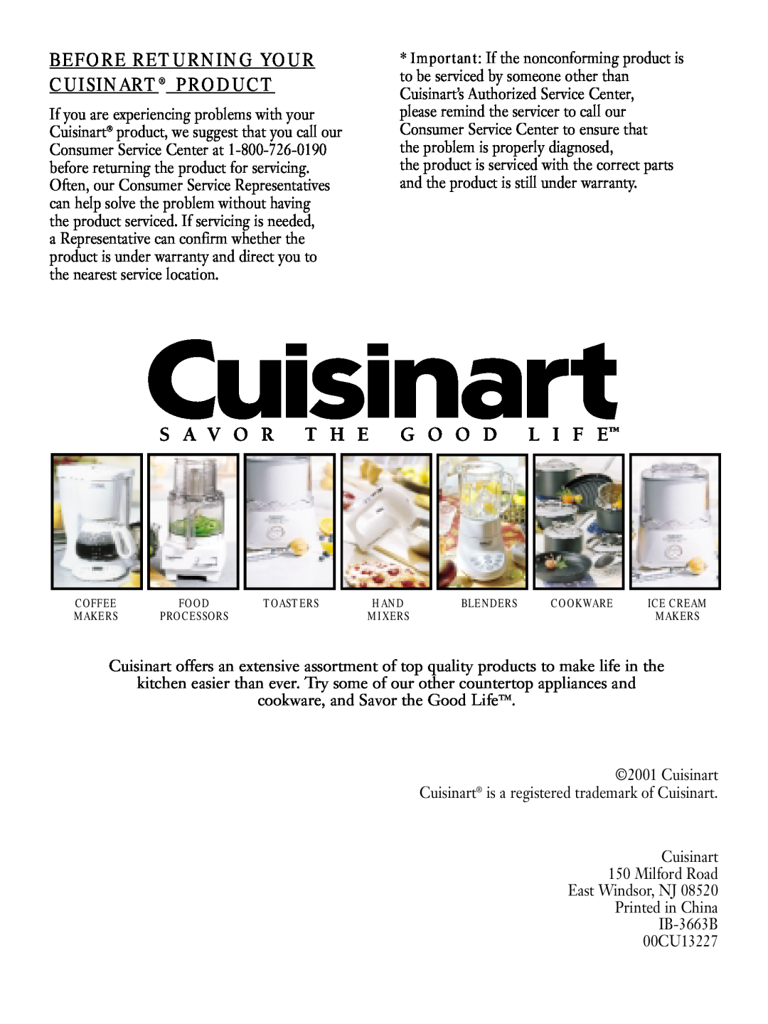 Cuisinart DTC-850 Series manual Before Returning Your Cuisinart Product 