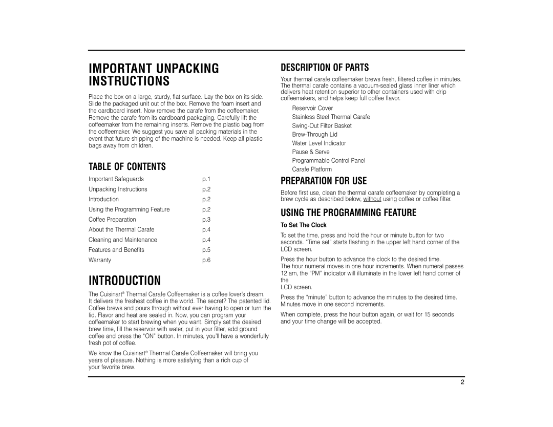 Cuisinart DTC-950 manual Important Unpacking Instructions, Introduction, Table Of Contents, Description Of Parts 