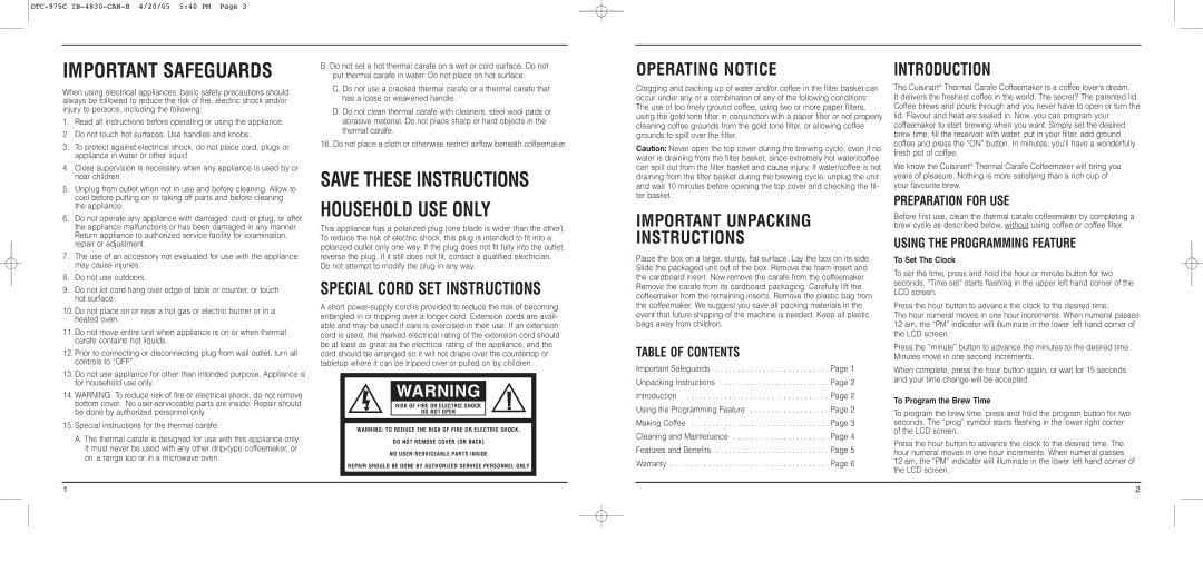 Cuisinart DTC-975 Series manual Special Cord SET Instructions, Introduction, Table of Contents, Preparation for USE 