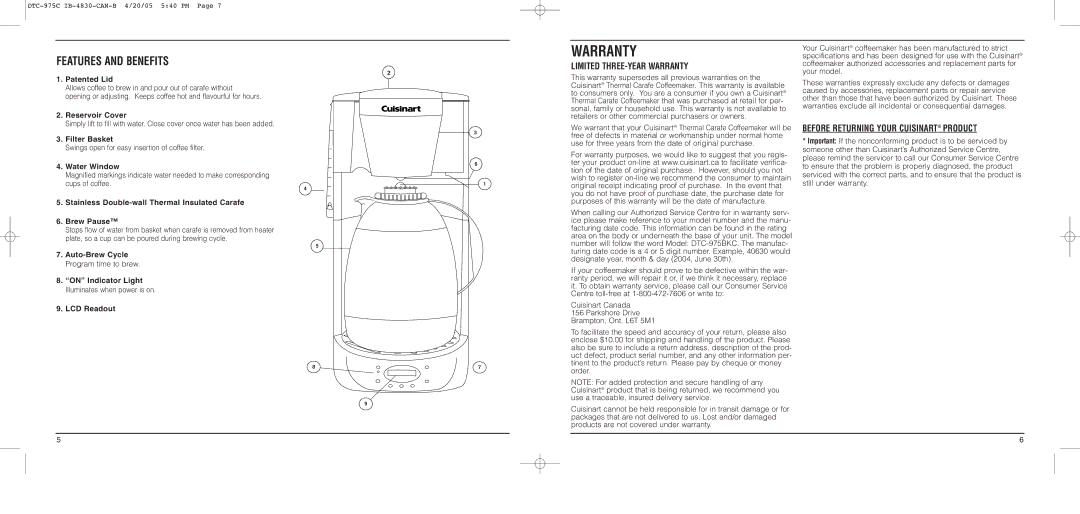 Cuisinart DTC-975 Series manual Warranty, Features and Benefits 