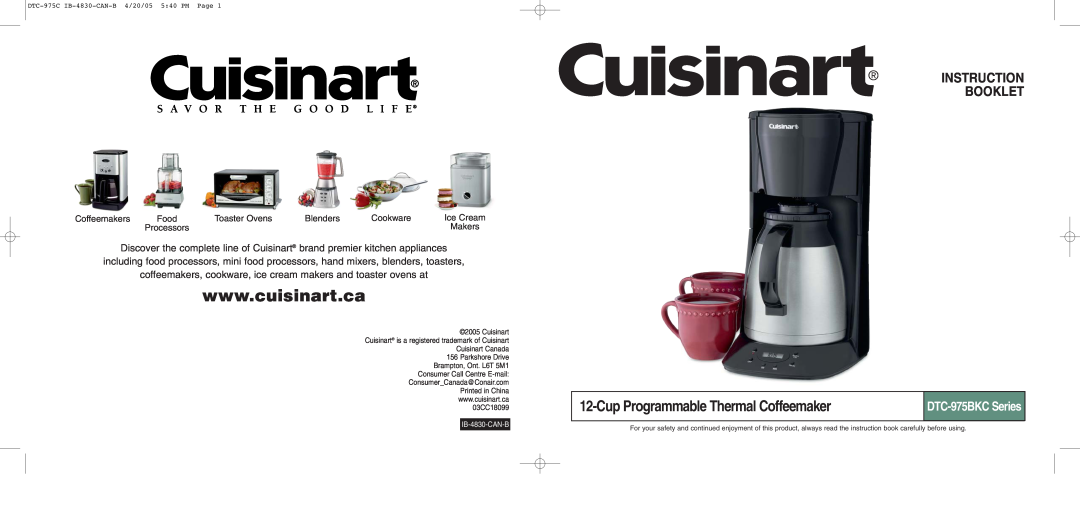 Cuisinart DTC-975 Series manual Cup Programmable Thermal Coffeemaker, Instruction Booklet, DTC-975BKC Series 