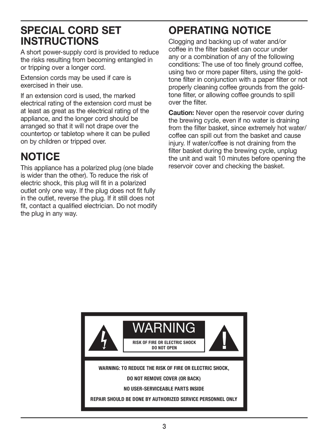 Cuisinart DTC975BKN, DTC-975BKN manual Special Cord SET Instructions, Operating Notice 