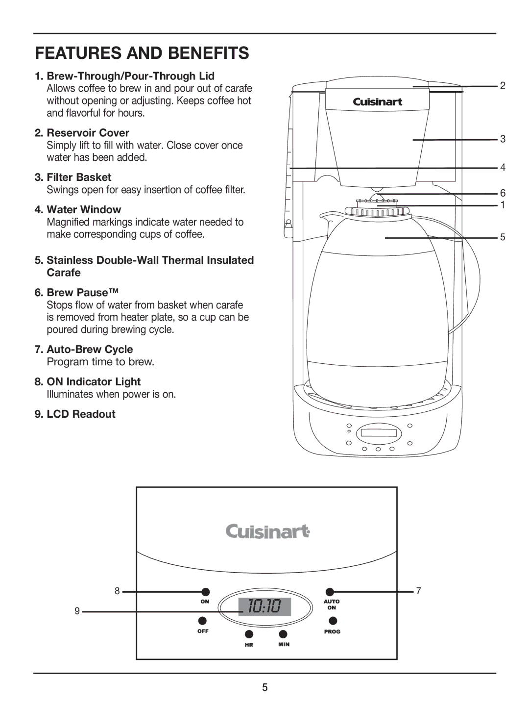 Cuisinart DTC975BKN, DTC-975BKN manual Features and Benefits, Brew-Through/Pour-Through Lid 