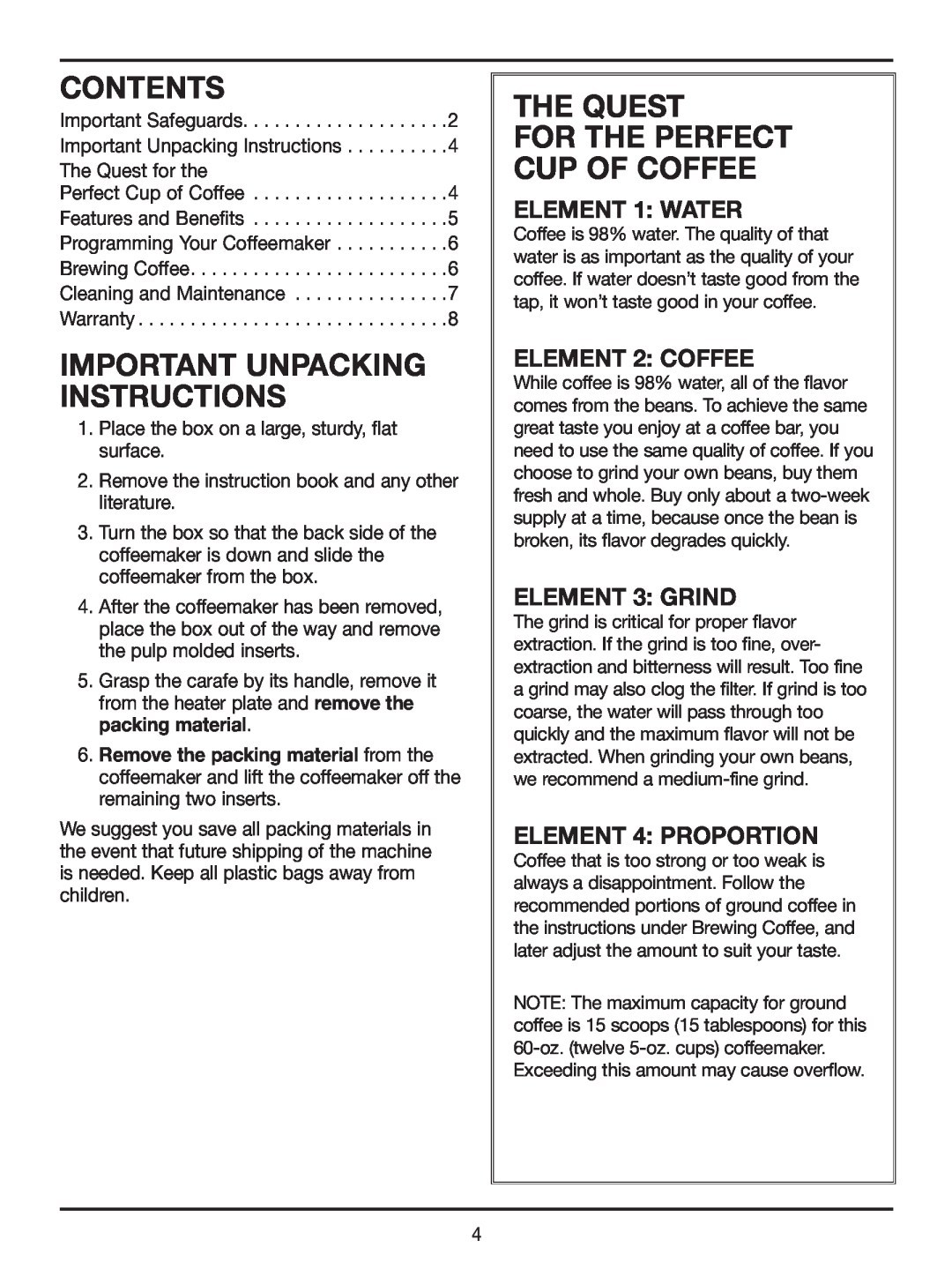 Cuisinart DTC-975BKN Contents, IMPORtant UNPACKING INSTRUCTIONS, The Quest, For The Perfect Cup Of Coffee, Element 1 Water 
