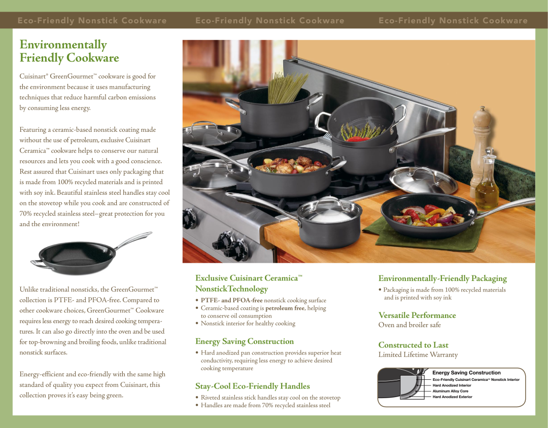 Cuisinart Eco-Friendly Nonstick Cookware warranty Environmentally Friendly Cookware, Energy Saving Construction 