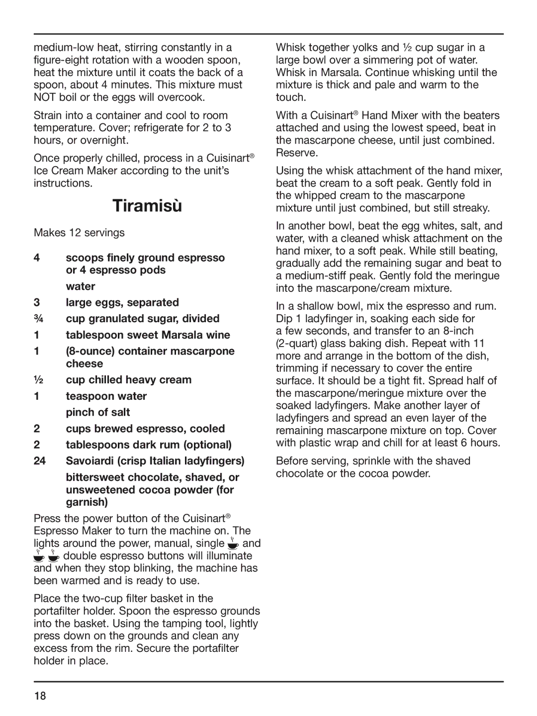 Cuisinart em-200 manual Tiramisù, Makes 12 servings 