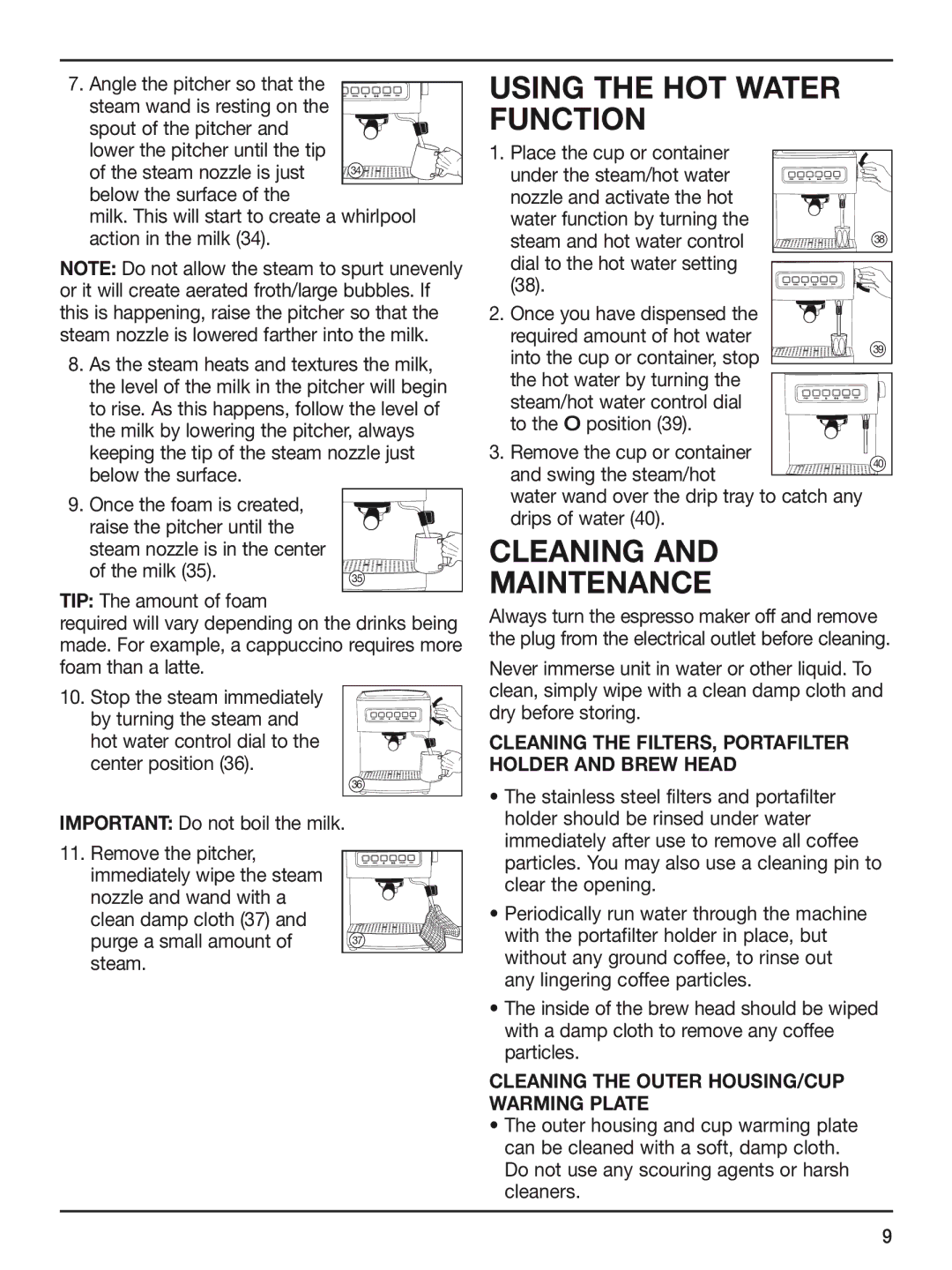 Cuisinart em-200 manual Using the hot water, Function, Cleaning, Maintenance 