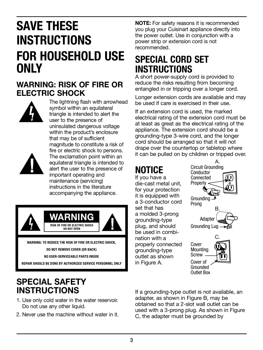 Cuisinart EM-350 manual For Household USE only, Special Safety Instructions 