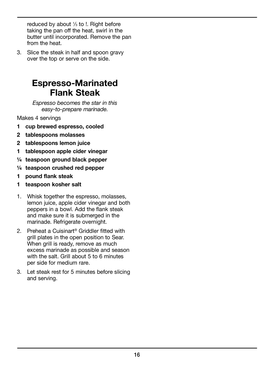 Cuisinart EM-500 manual Espresso-Marinated Flank Steak 