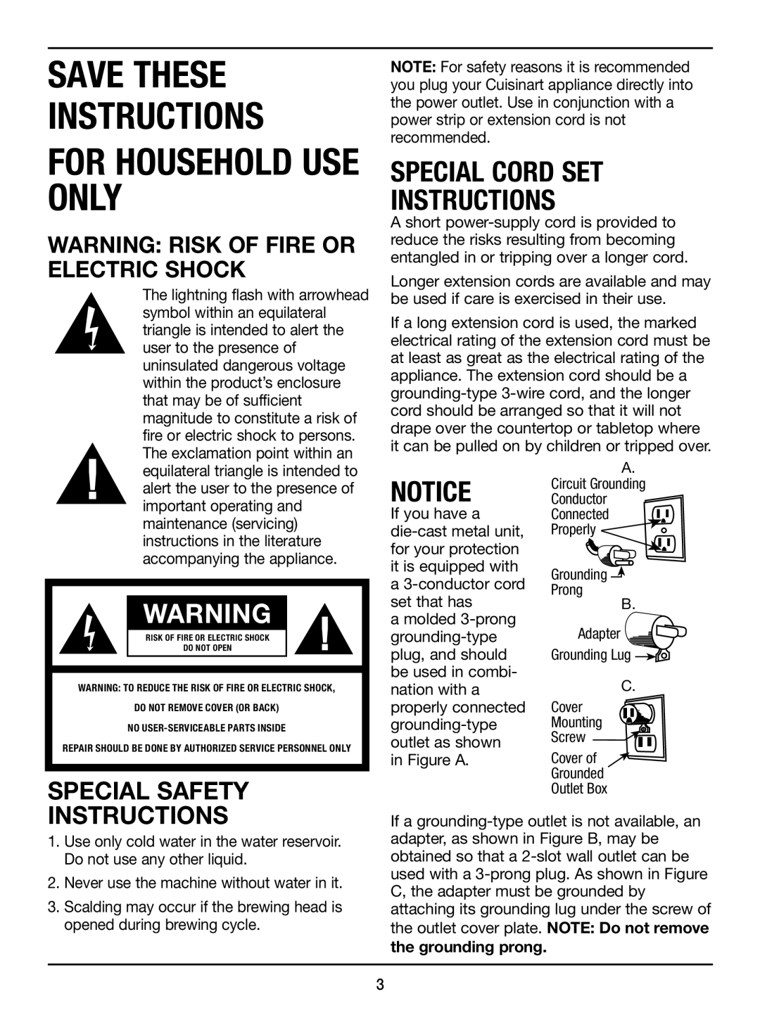 Cuisinart EM-500 manual Special Safety, Grounding prong 