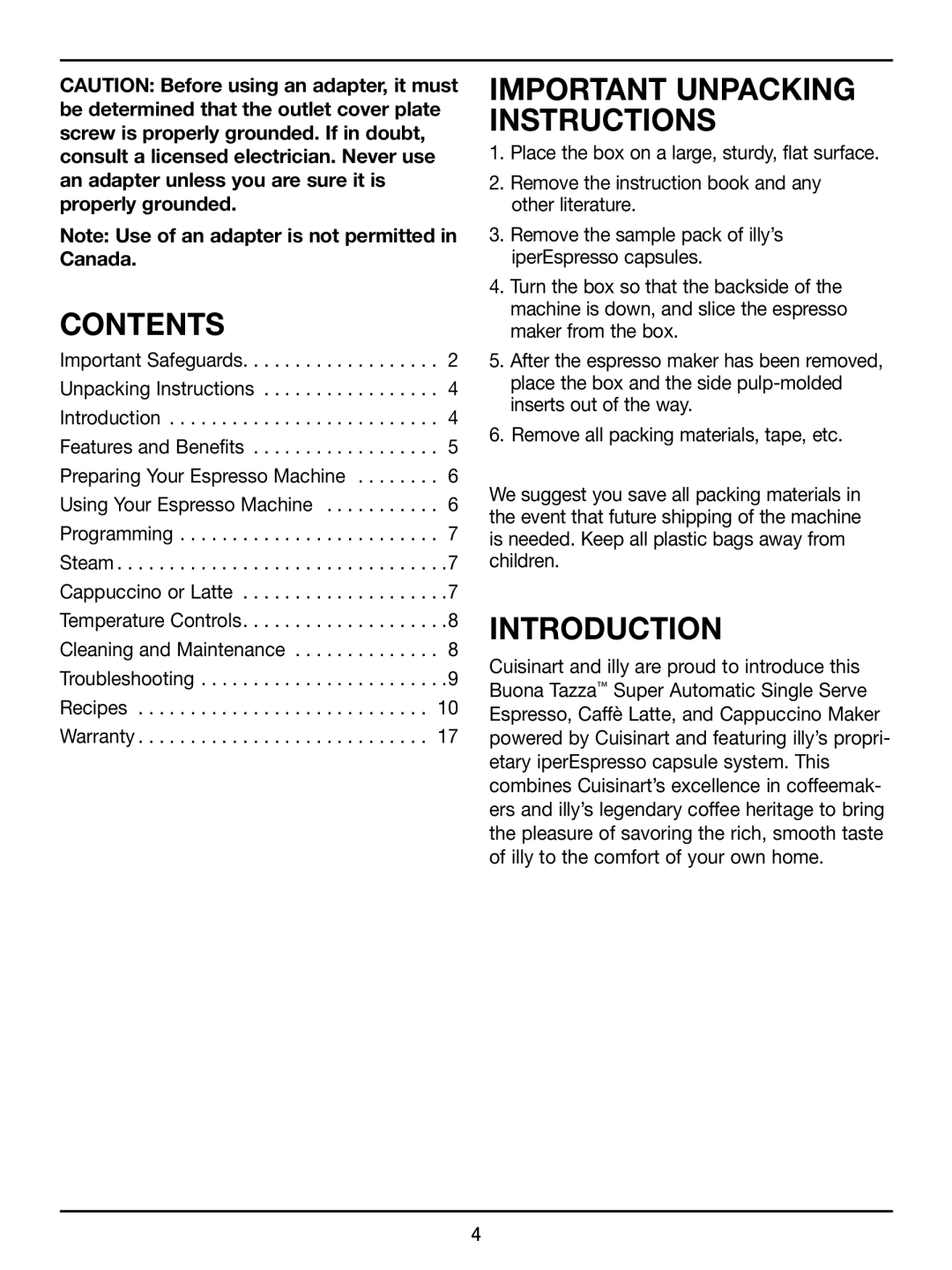 Cuisinart EM-500 manual Contents, Introduction 