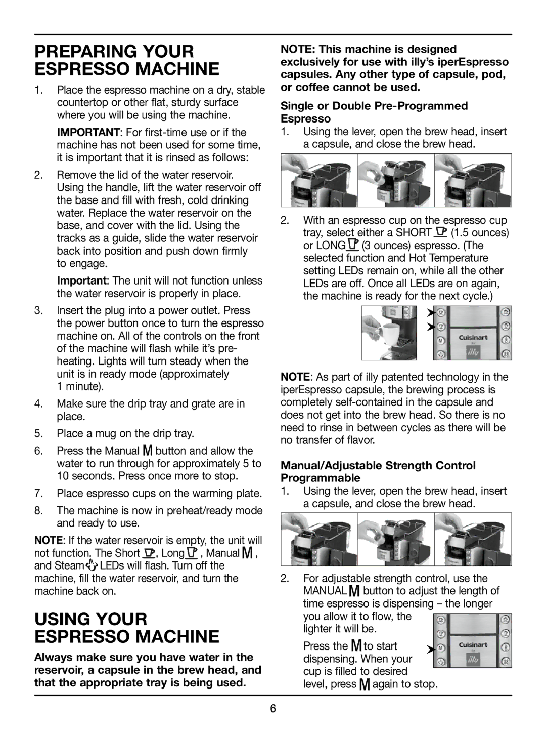 Cuisinart EM-500 manual Preparing Your Espresso Machine, Using Your Espresso Machine 