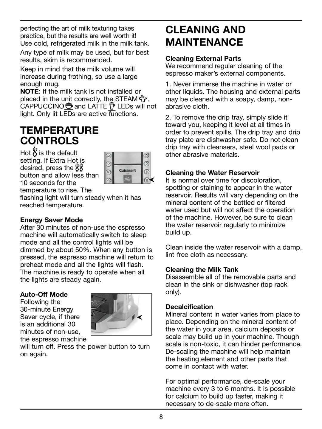 Cuisinart EM-500 manual Temperature Controls, Cleaning Maintenance 