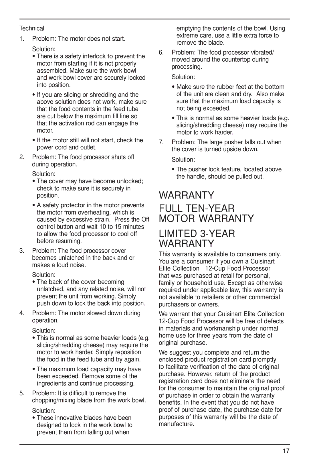 Cuisinart DLC-XPN, FP-12BK, FP-12MP, FP-12MR, CH-4DC manual Motor Warranty Limited 3-YEAR, Problem The motor does not start 