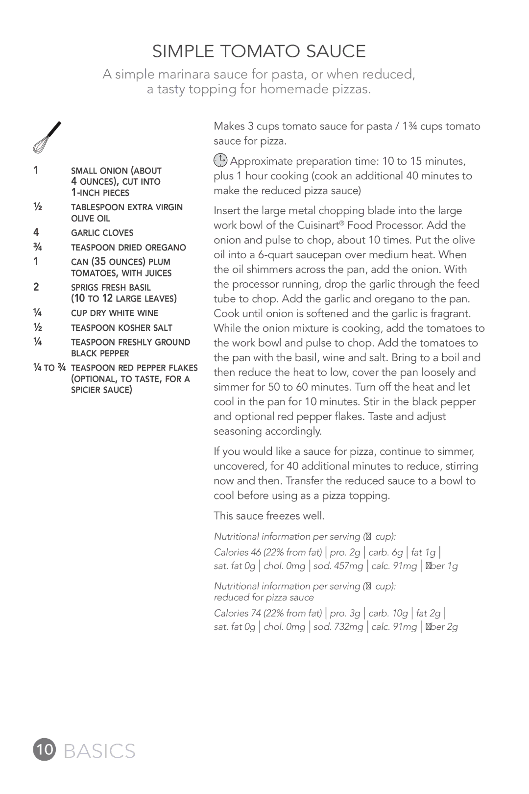 Cuisinart FP-12DC manual Simple Tomato Sauce, This sauce freezes well 