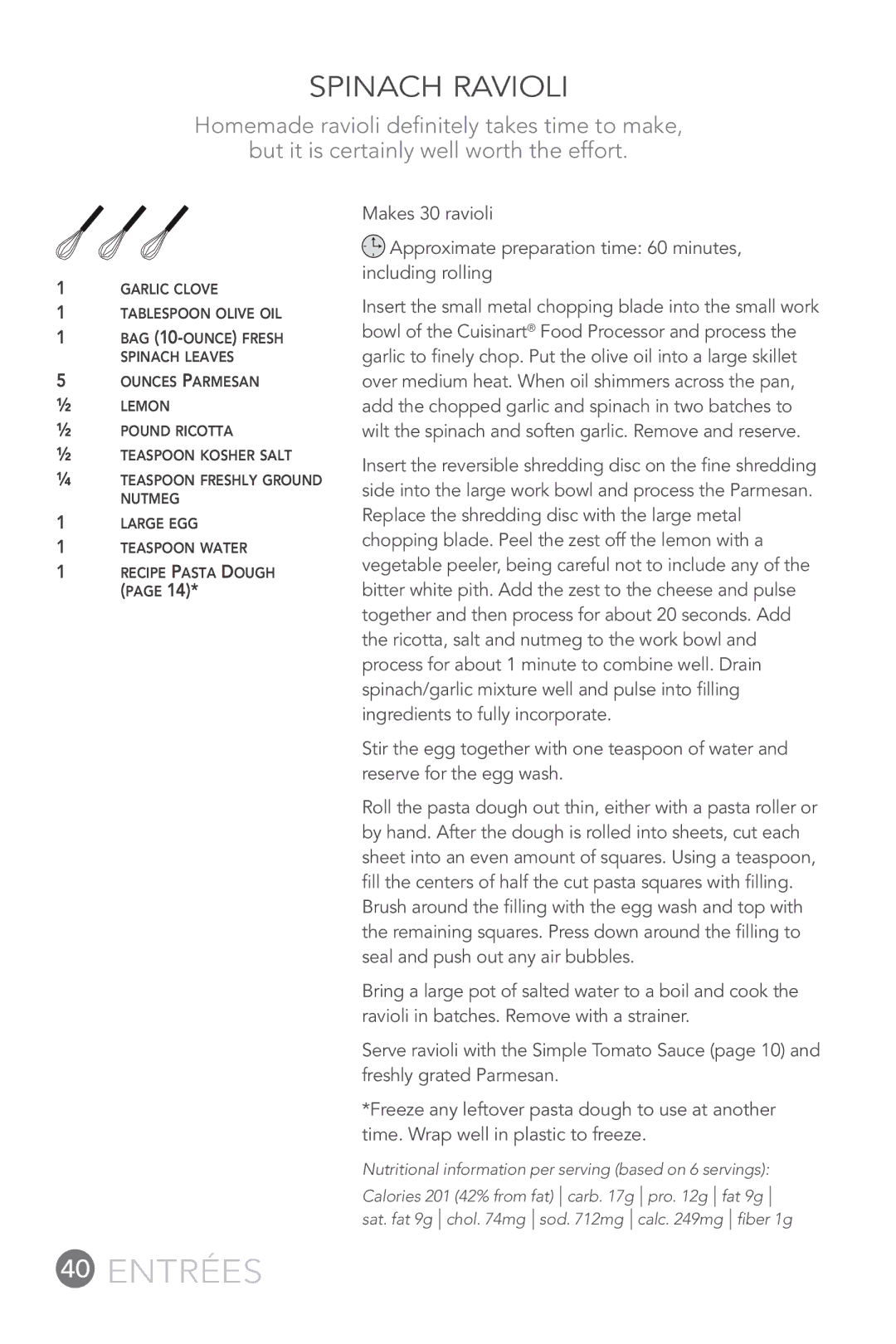 Cuisinart FP-12DC manual Spinach Ravioli 