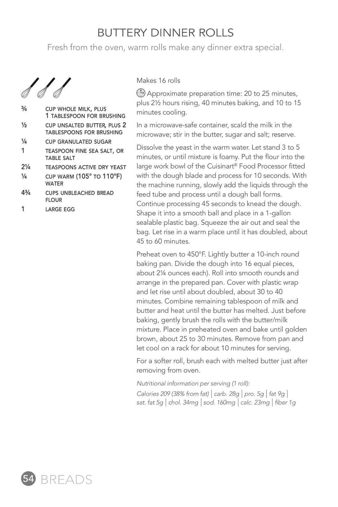 Cuisinart FP-12DC manual Buttery Dinner Rolls 