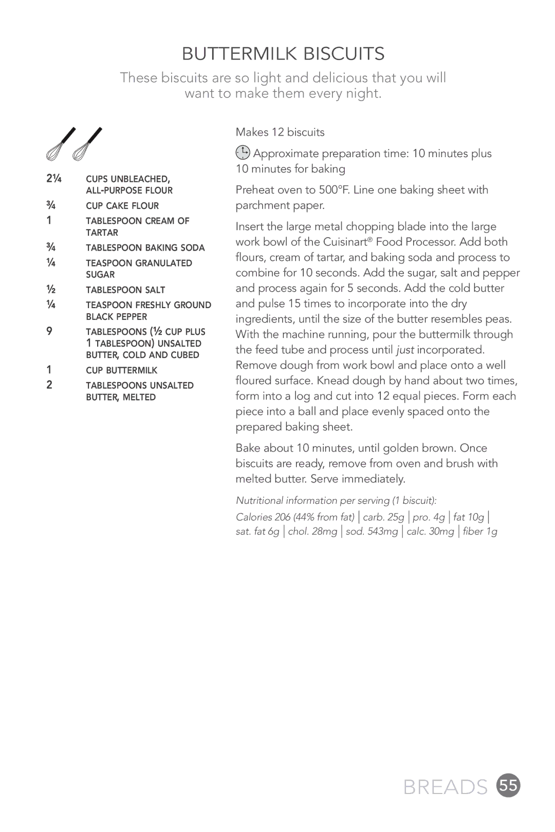 Cuisinart FP-12DC manual Buttermilk Biscuits, Nutritional information per serving 1 biscuit 