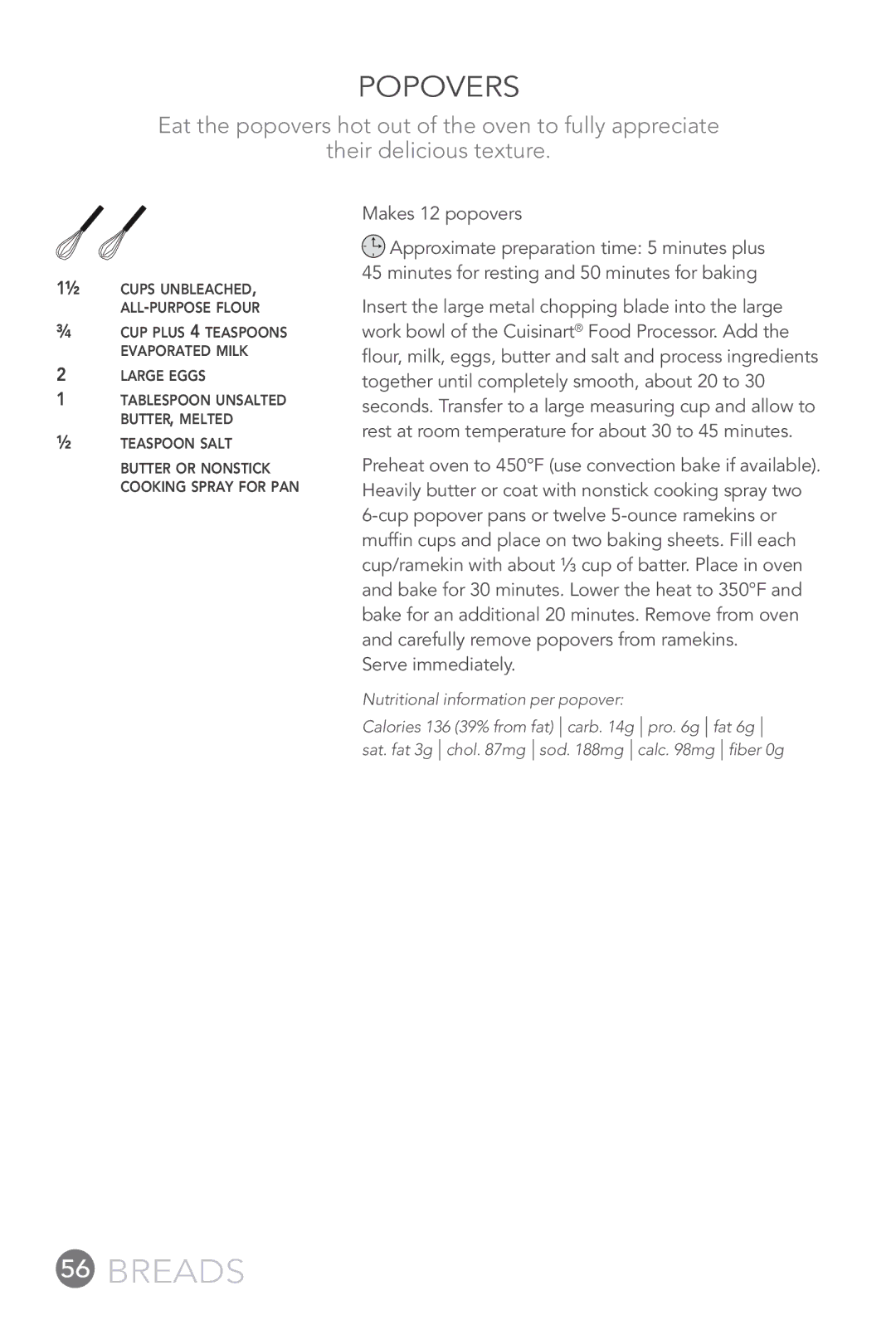 Cuisinart FP-12DC manual Popovers, Makes 12 popovers, Serve immediately 