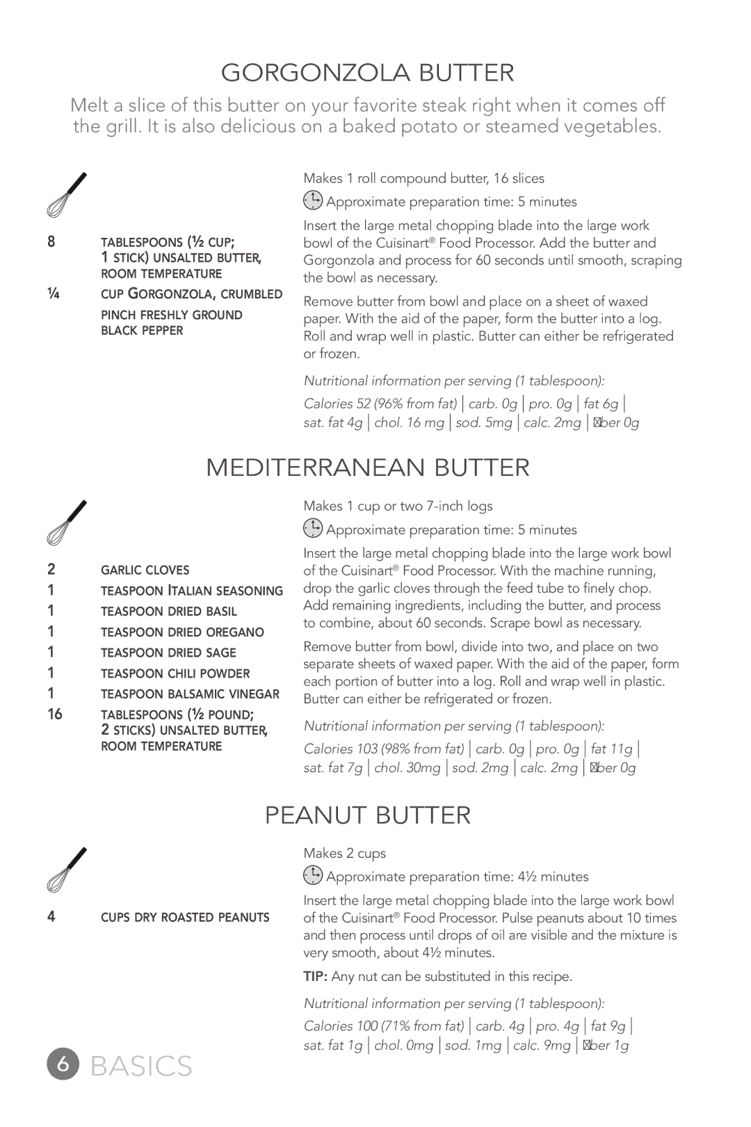 Cuisinart FP-12DC manual Gorgonzola Butter, Mediterranean Butter, Peanut Butter 