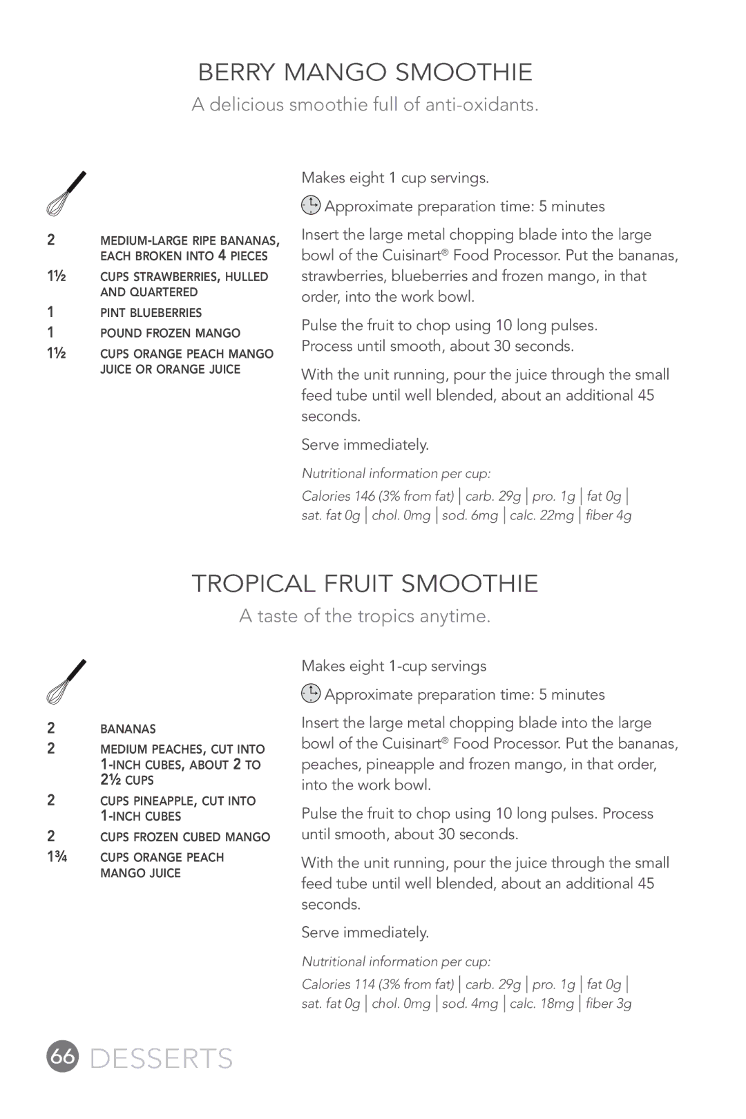 Cuisinart FP-12DC manual Berry Mango Smoothie, Tropical Fruit Smoothie, Delicious smoothie full of anti-oxidants 