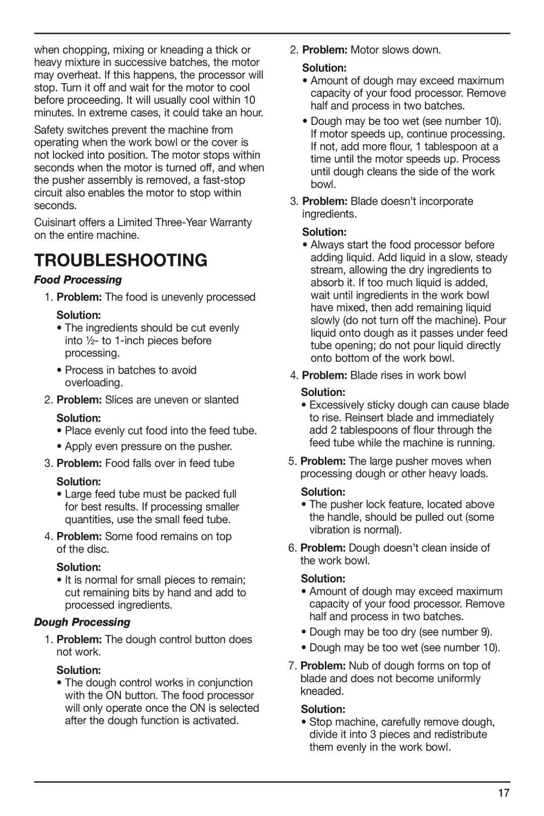 Cuisinart DLC-2014WB, FP-14 manual TroubleShooting, Solution 