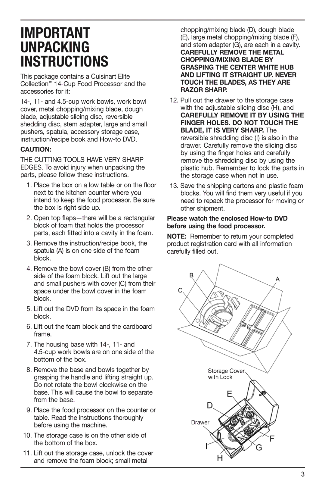 Cuisinart DLC-2014WB, FP-14 manual Unpacking Instructions 