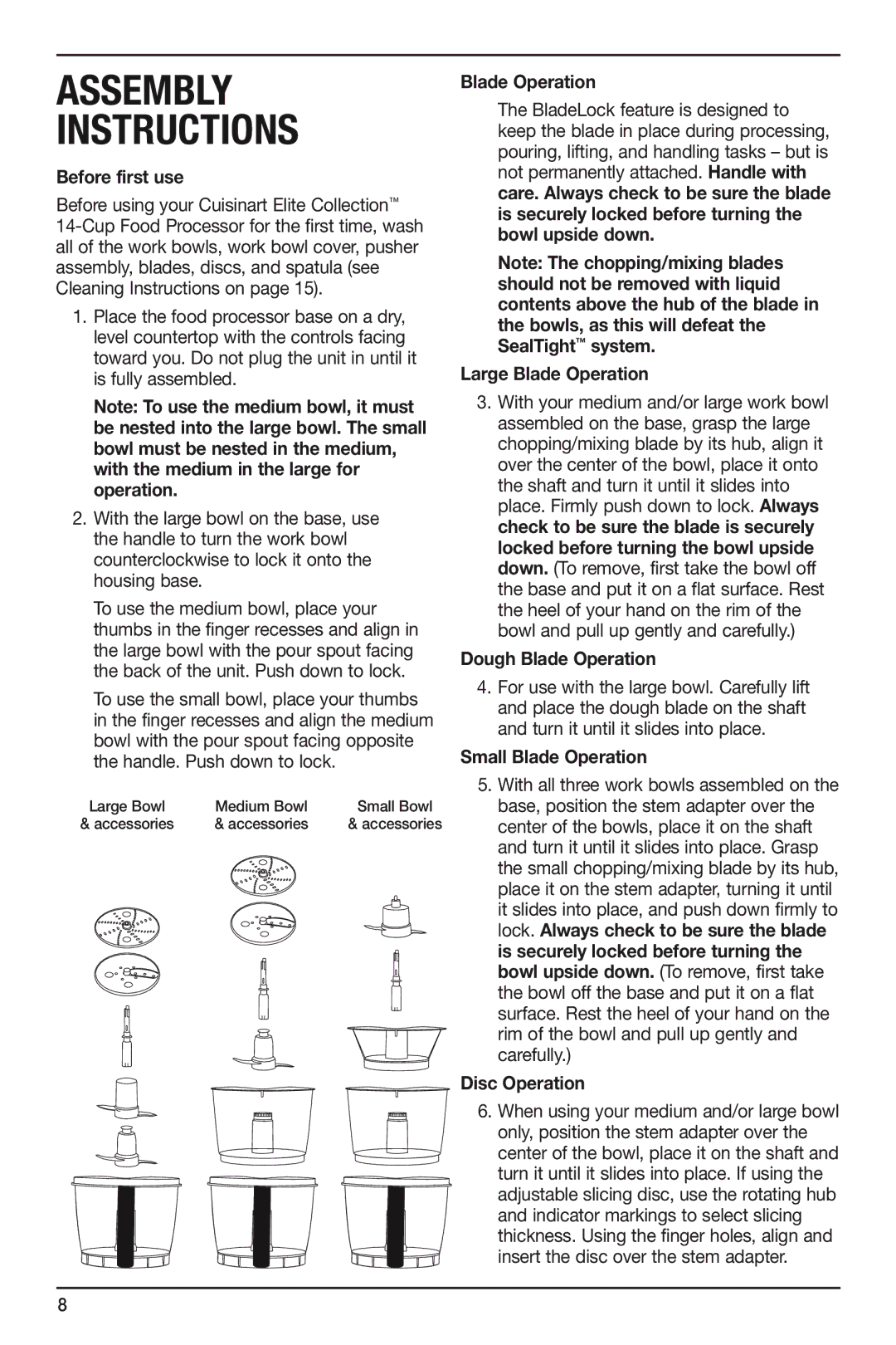 Cuisinart FP-14 Before first use, Large Blade Operation, Dough Blade Operation, Small Blade Operation, Disc Operation 