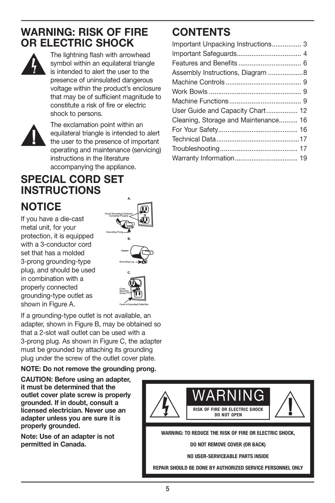 Cuisinart FP-14 manual Contents, Special Cord SET Instructions 