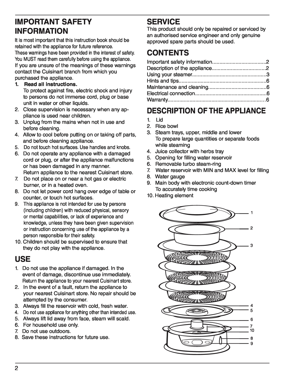 Cuisinart FP-2207A Important safety information, Service, Contents, Description of the appliance, Read all instructions 