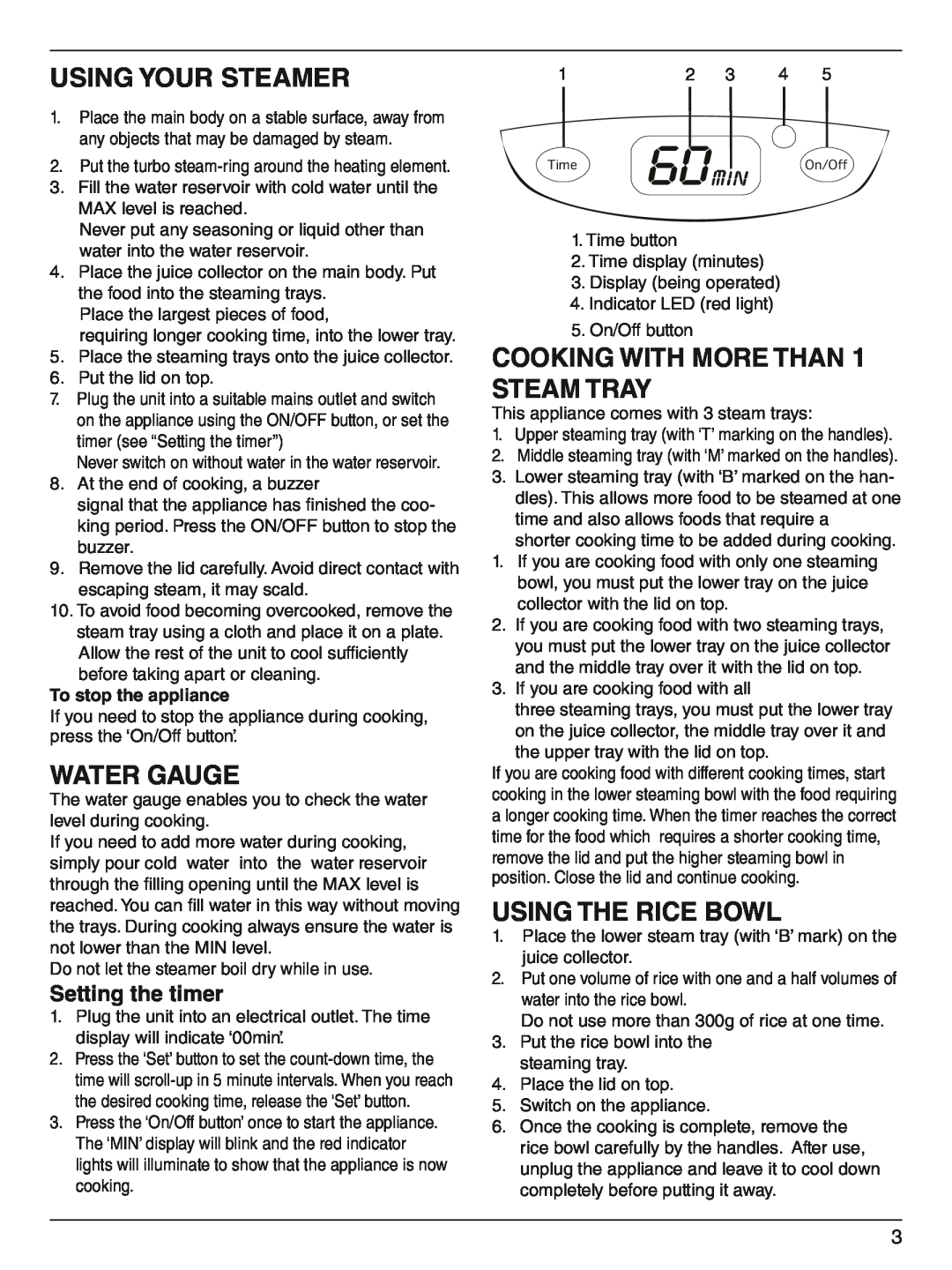 Cuisinart FP-2207A manual Using your steamer, Water gauge, Cooking with more than 1 steam tray, Using the rice bowl 