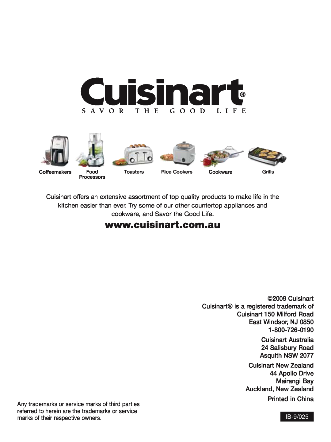 Cuisinart FP-2207A manual S A V O R T H E G O O D L I F E, IB-9/025 
